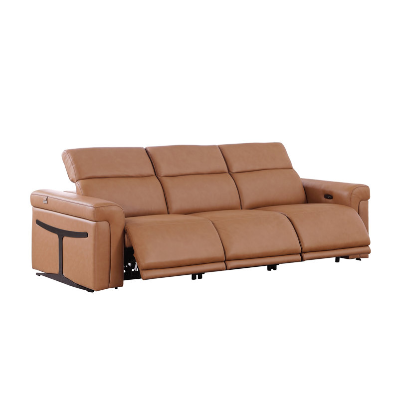 3-Power Seat Reclining Italian Leather Sofa With Power Headrest, Cognac