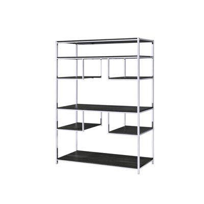 Rectangular Gray Oak Bookshelf With Modern Metal Structure Spacious Rustic Accents