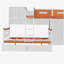 Lit superposé simple au-dessus d'un lit double en bois avec garde-robe, tiroirs, tablettes et lumière DEL (blanc + orange)
