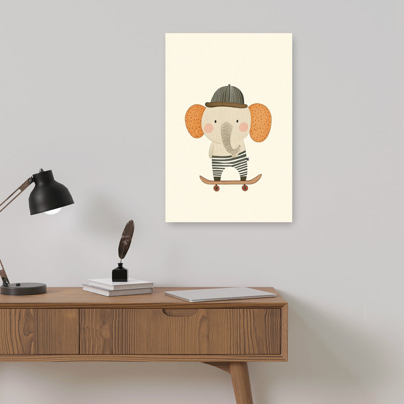 Cute Elephant Skater Playful Whimsical Contemporary Elephant Wall Art Print 1 Piece Wrapped Canvas Wall Art