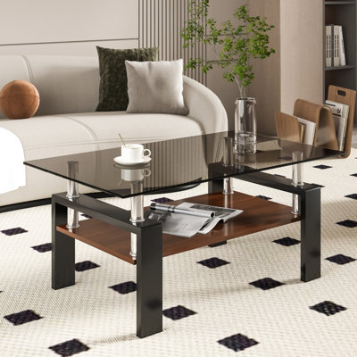 Table basse rectangulaire, plateau en verre trempé avec panneau de fibres à densité moyenne, table moderne pour le salon, verre gris