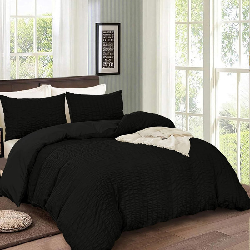 Somara Polyester Solid Colour Duvet Cover with Pillowcases Included, Black