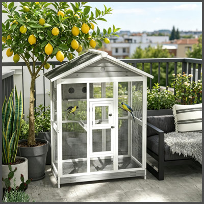Volière en bois 64,5 po, cage de vol avec 4 perchoirs, nid et plateau coulissant
