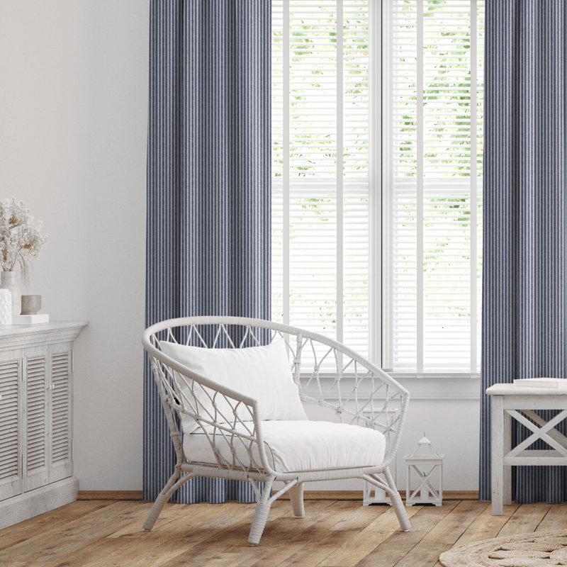 Walker Ticking Stripe Indigo/White Cotton Pinch Pleat Drapery Panel Set of 2, 20" W  x 132" L