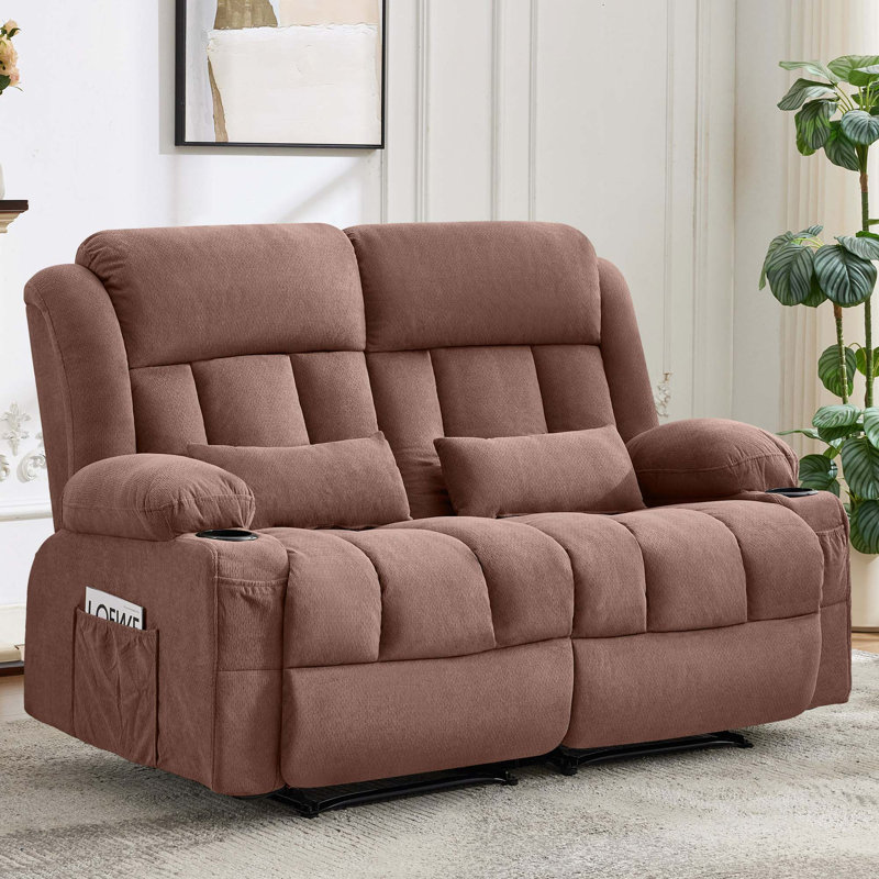 Canapé ergonomique inclinable deux places avec porte-gobelets et poches de rangement, Tissu brun