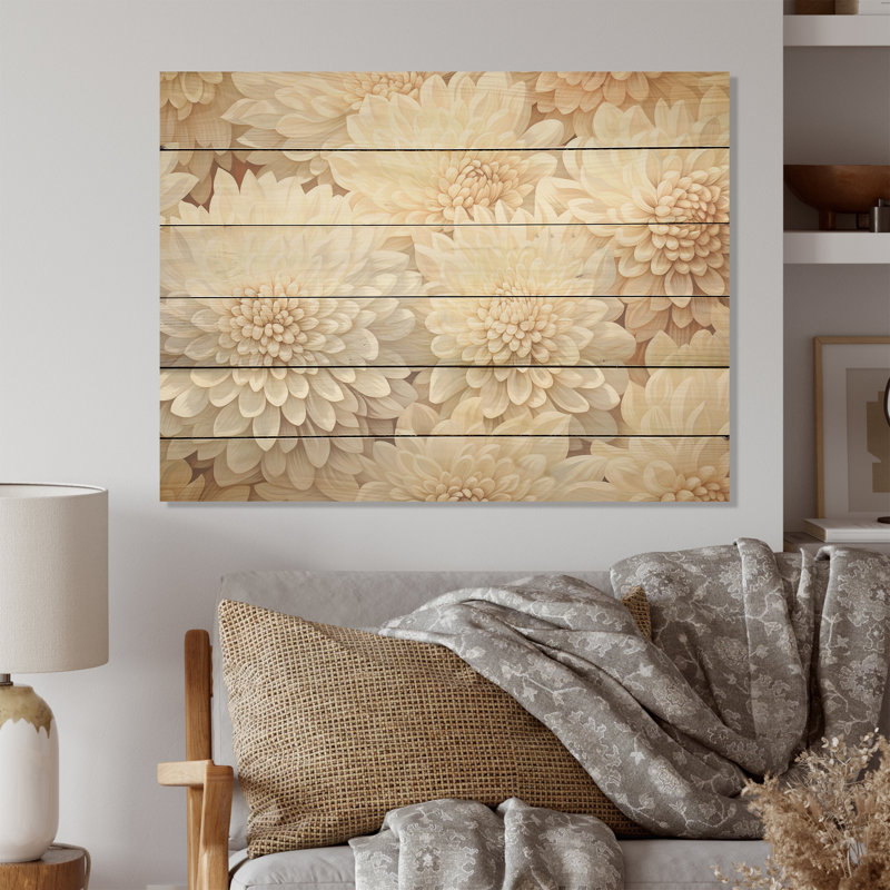 Pure White Chrysanthemums Mosaic I - Chrysanthemums Wood Wall Art On Natural Pine Wood, 10" H x 20" W
