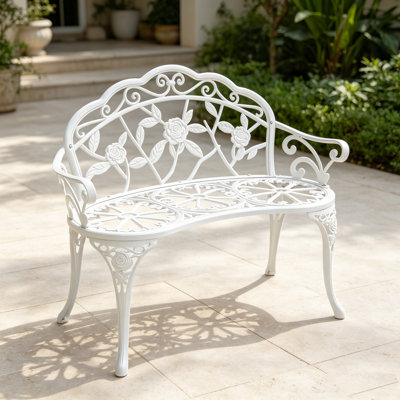 Cast Aluminum Double Chair, Outdoor Bench Park Garden Chair, Patio Balcony Bench Double Seat,White