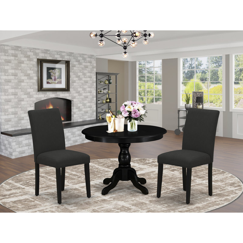 3 Piece Dining Room Table Set Contains a Round Dining Table with Pedestal and 2 Black Color Linen Fabric Upholstered Chairs, Inch, Wire brushed Black