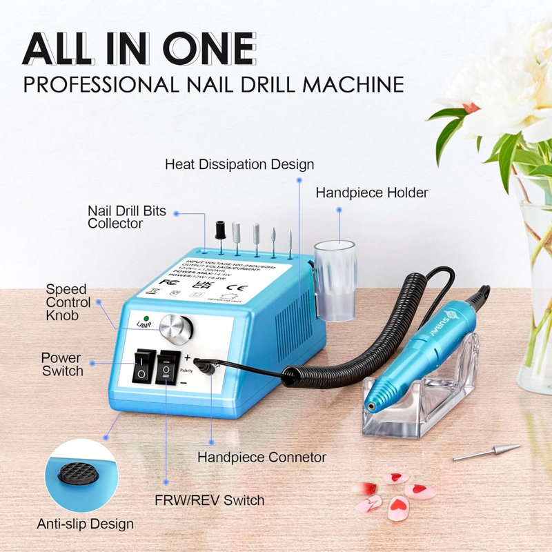 Perceuse à clous professionnelle avec 20000 tr / min - Lime électrique pour les ongles en acrylique et en gel - Interrupteur marche avant / arrière et vitesse réglable - Outil de manucure pédicure pour les professionnels débutants