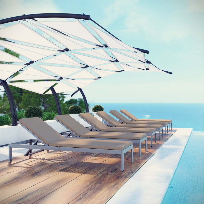 Shore Outdoor Patio Aluminum Cushioned Chaise Sun Loungers, Mocha, Silver