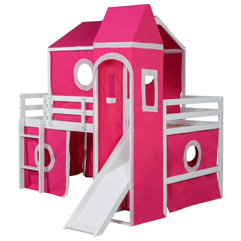 Lit mezzanine avec tente et tour à glissière rose, Rose
