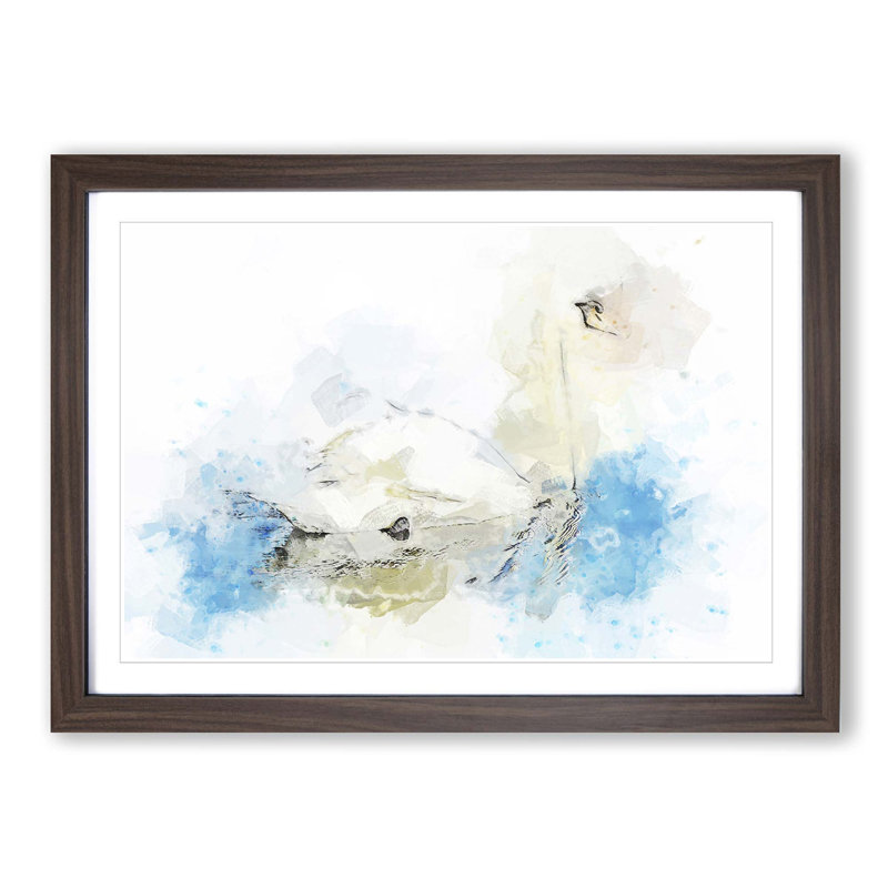White Swan Art in Abstract - Picture Frame Painting Print, Walnut, 40cm H x 60cm W x 2cm D