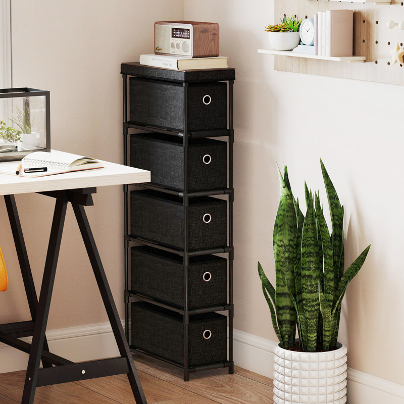 Slim Dresser w/ 5-Drawer Anti-tip Kits Space-Saving Chest of 5 Fabric Drawers