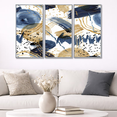 Motif abstrait avec textures bleu foncé et or - ensemble d'art moderne sur toile encadrée moderne de 3