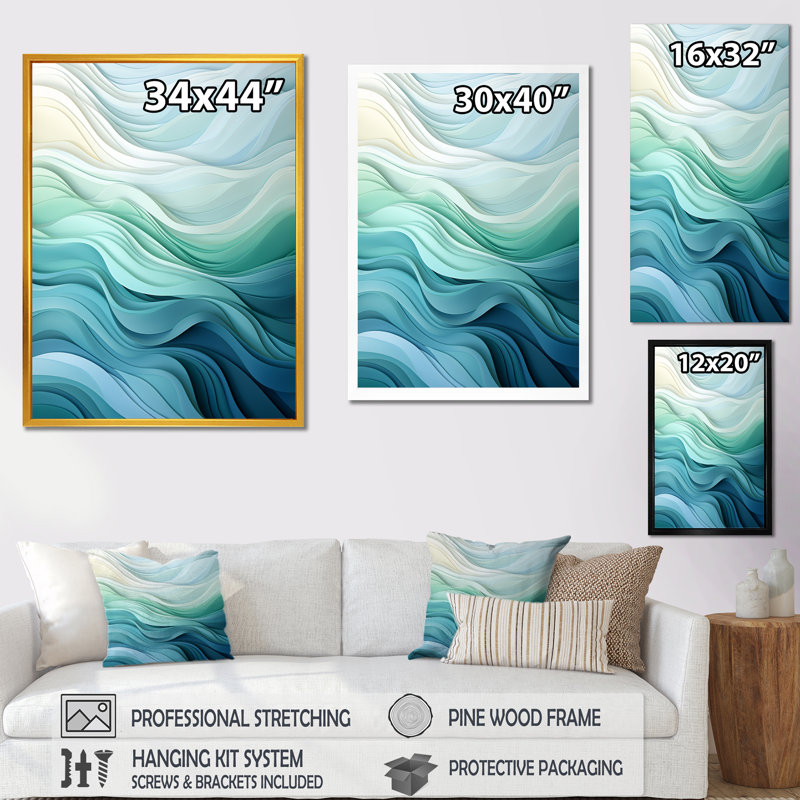 «Gree And White Sway Wave Serenity III», art mural géométrique, H 32 po x l 24 po x P 1 po, Cadre flottant doré