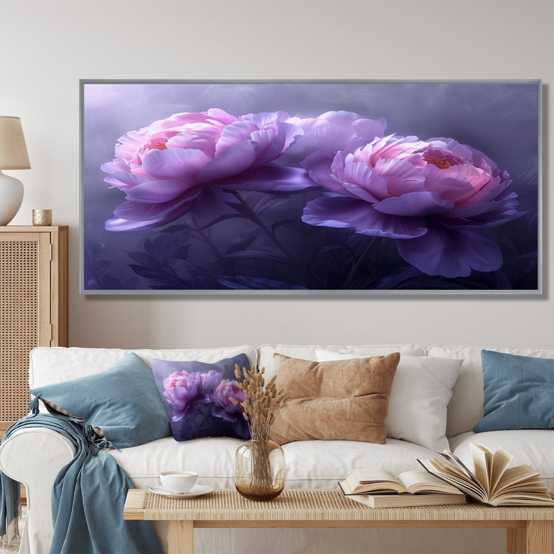 Mauve et gris pivoines de luxe I - pivoines, impression d'art mural, Cadre argenté, H 28 po x l 60 po