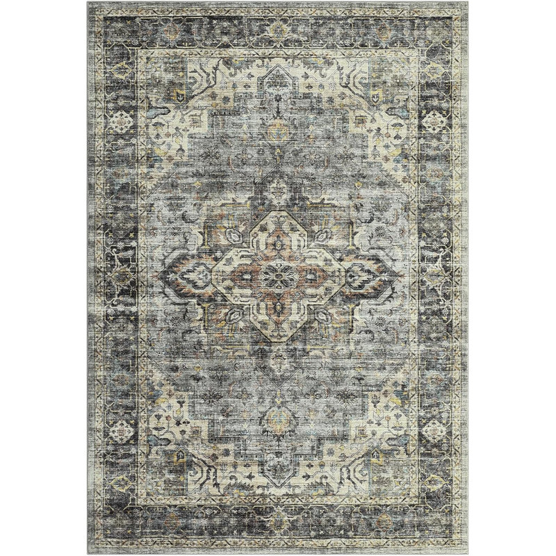 Vintage 5x7 Area Rug, Washable, Large, Distressed, Non-Slip, Non-Shedding, Low Pile, Living Room, Bedroom, Dining Room, Green.