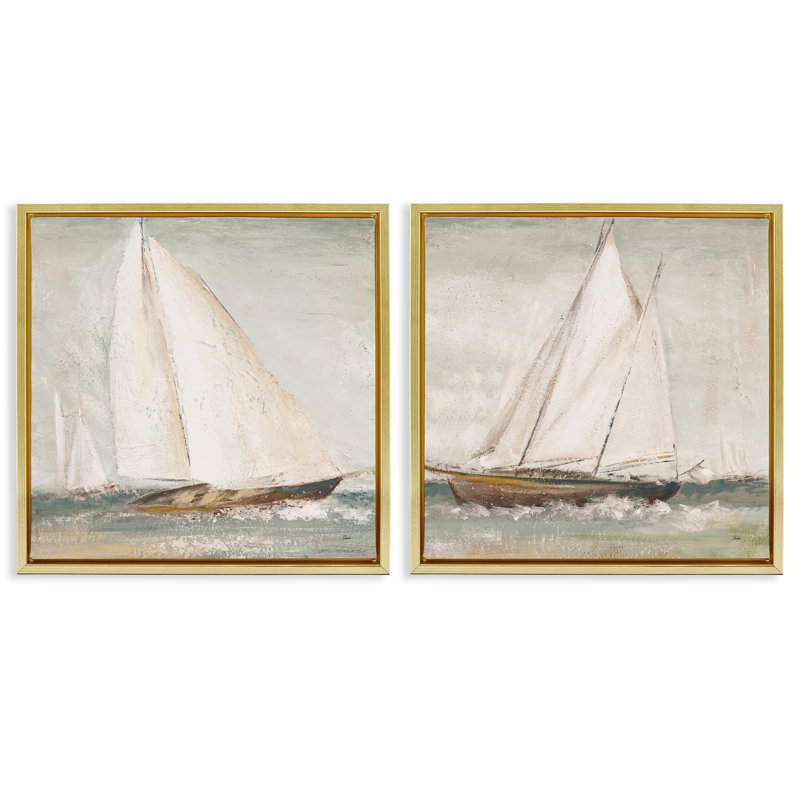 «Tall Ships at Sea», ensemble de 2 toiles flottantes encadrées par Patricia Pinto, Cadre flottant métallique doré