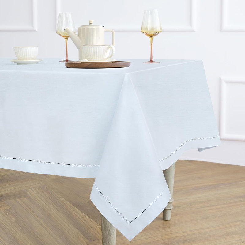 Cotton Linen Hemstitch Tablecloth, 84" x 60", Light Blue