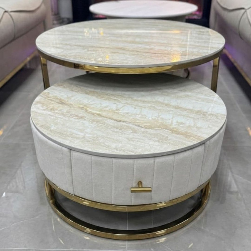Living Room Table Set, Cream Top/Gold Base