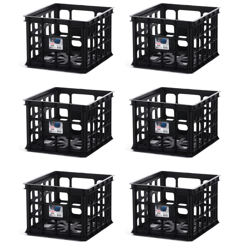 Sterilite Storage Crate, Stackable Plastic Bin Open Basket with Handles, 6, Black