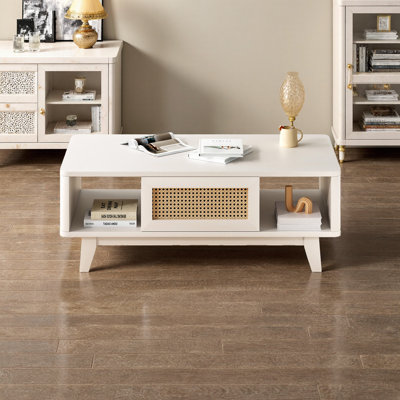 Mid-Century Modern Square Coffee Table with Rattan Drawer & Solid Wood Legs