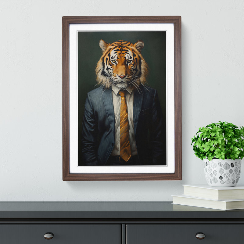 XYZ-FRM-V1223-1634 Tiger In A Suit Painting No.4 - Single Picture Frame Print on Wood, Walnut, 46cm H x 34cm W x 2cm D