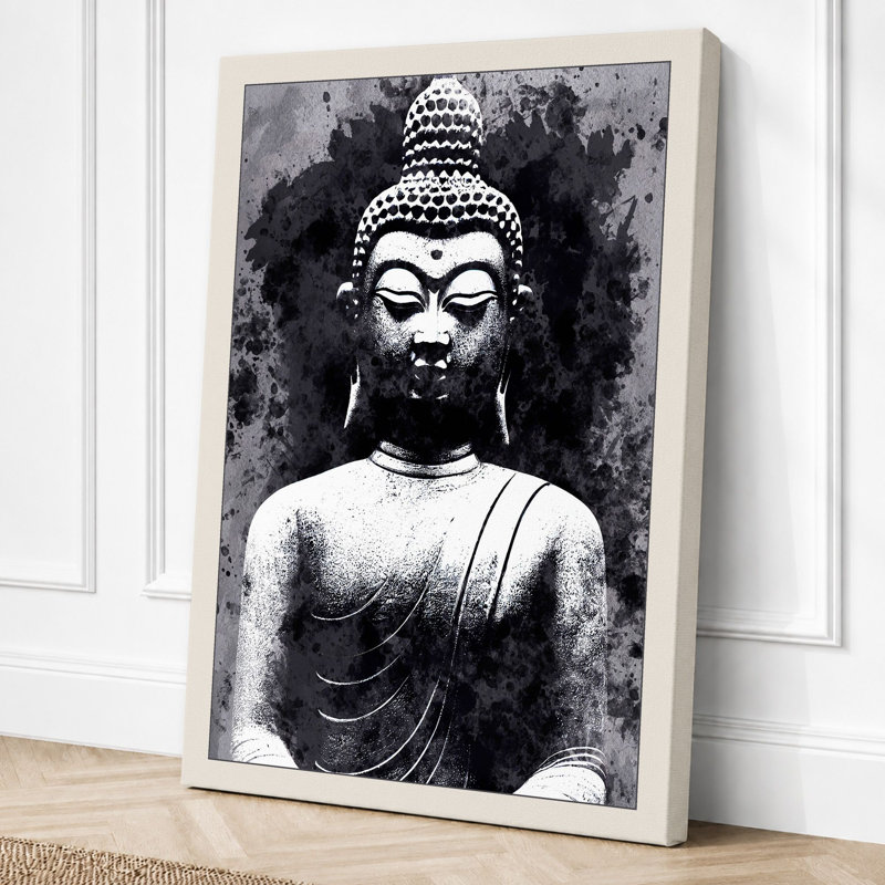 Buddha in Stone Minimalist 1 Piece Wrapped Canvas Wall Art, 24x16 - 61.0 x 40.6 cm, Cream Border