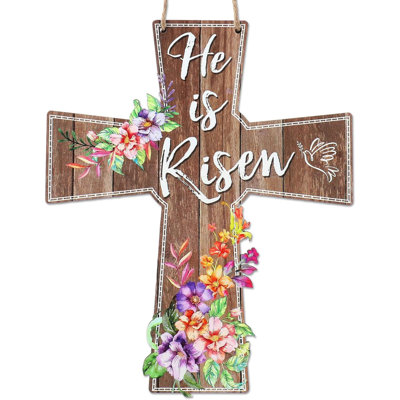 He Is Risen Door Hanger Wooden Easter Door Sign Floral Printed Cross Door Sign Religious Easter Hanging Door Decorations For Wall Home Indoor Outdoor Spring Decor Supplies