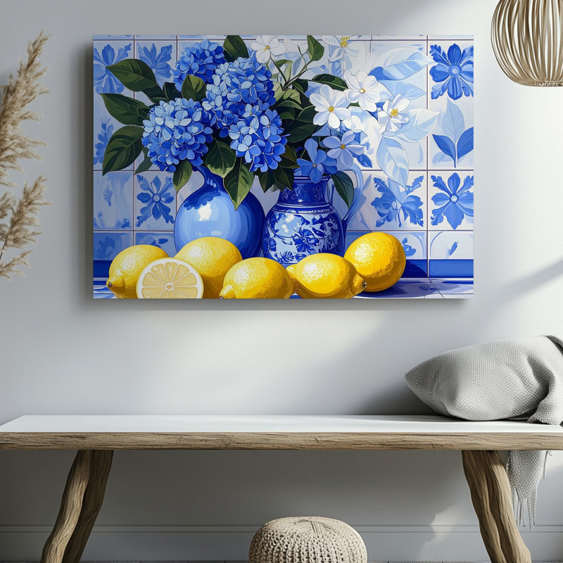 Art mural sur toile, citrons et hortensias, art bleu et blanc, H 20 po x l 30 po
