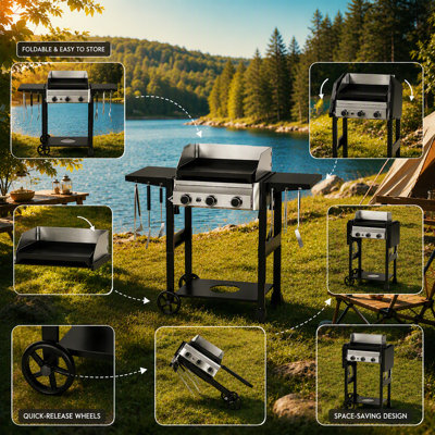Barbecue combiné au propane 2 en 1 avec plaque de cuisson et gril, 24 000 BTU, 3 brûleurs, en acier inoxydable