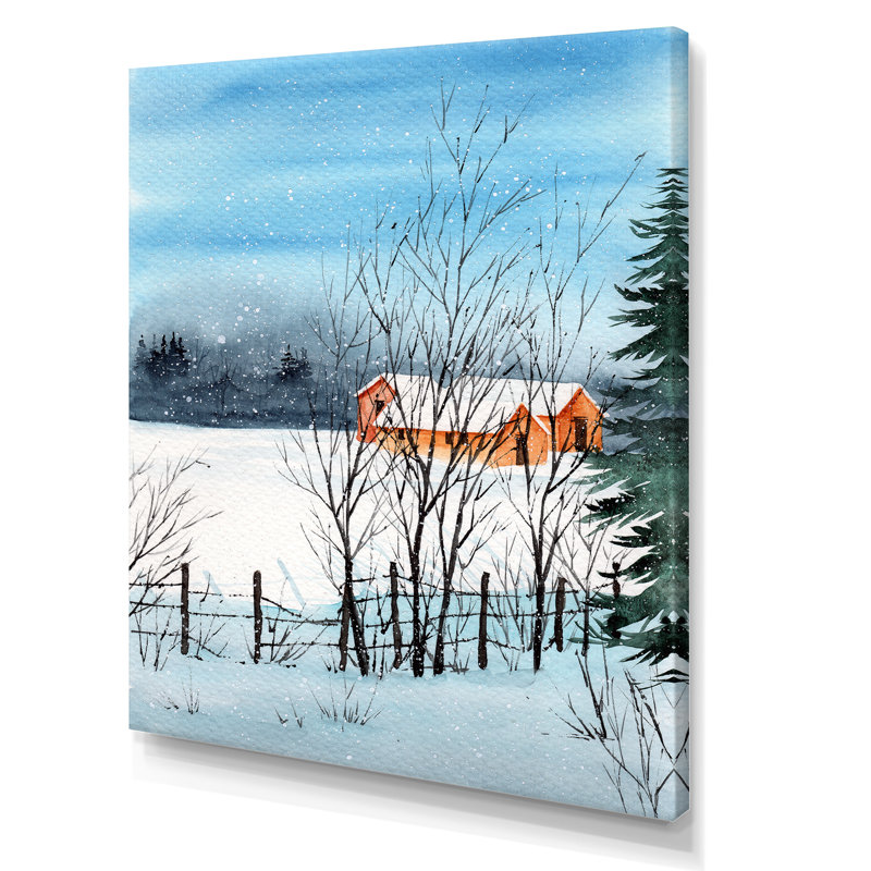 Un paysage d'hiver avec des maisons enneigées - reproduction sur toile, H 32 po x l 16 po x P 1 po, Toile tendue