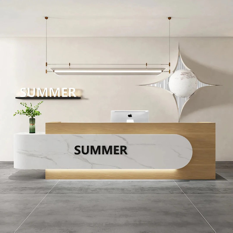 Chousein Rectangle Manufactured Wood Reception Desk, 60cm H x 220cm W x 100cm D, Natural/White Marble