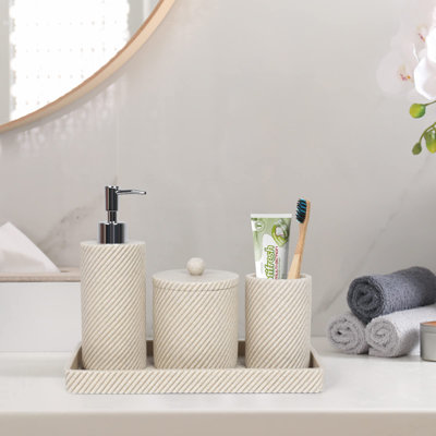 Beige Bathroom Accessories Set 4 Pcs - Toothbrush Holder,Lotion Soap Dispenser,Qtip Holder Dispenser,Vanity Tray For Countertop Vanity Organizer,Bathr -  Hokku Designs, 952733ABECC24E6B872E66E90A4665FD