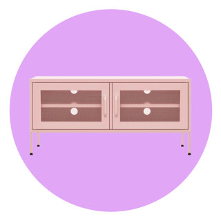 Pink metal TV stand with two mesh cabinet doors and thin legs set against a purple circular background.