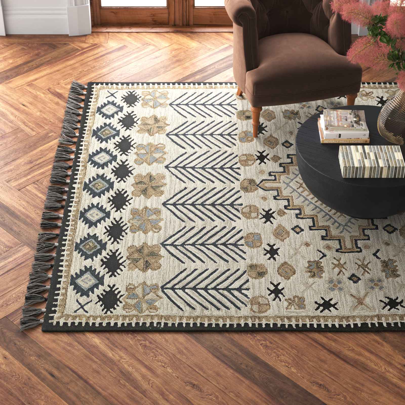 Anine Beige Black Hand-Tufted Wool Rug, Rectangle 5' x 8'