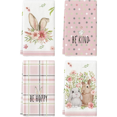 Bunny Rabbit Ears Floral Leaves Easter Kitchen Towels Dish Towels,  Be Kind Seasonal Decoration Hand Towels Set Of 4