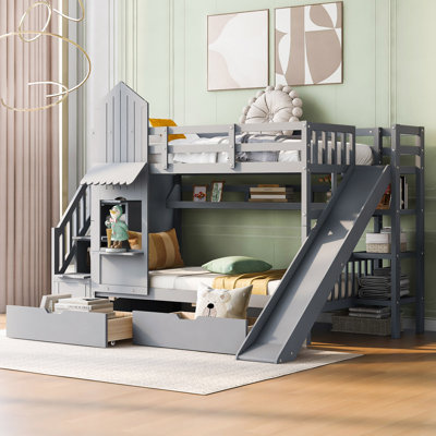 Castle Style Bunk Bed with 2 Drawers 3 Shelves and Slide -  Harper Orchard, 43C9559111E349339BE900C5D14D81B6