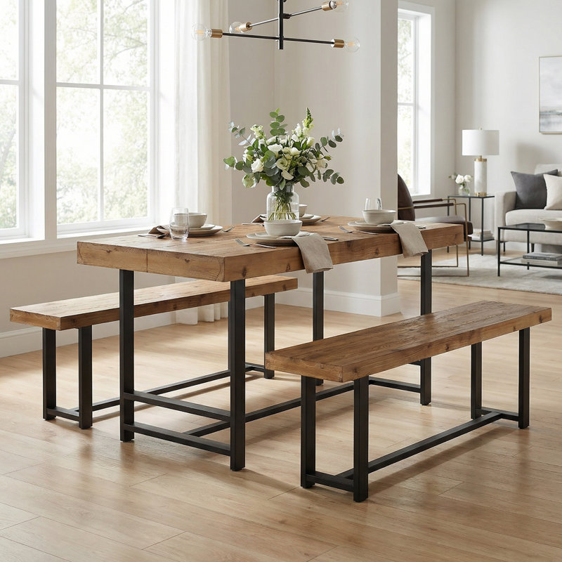 4-Person Solid Wood Dining Table Set, 3-Piece Dining Table With 2 Dining Benches For Kitchen