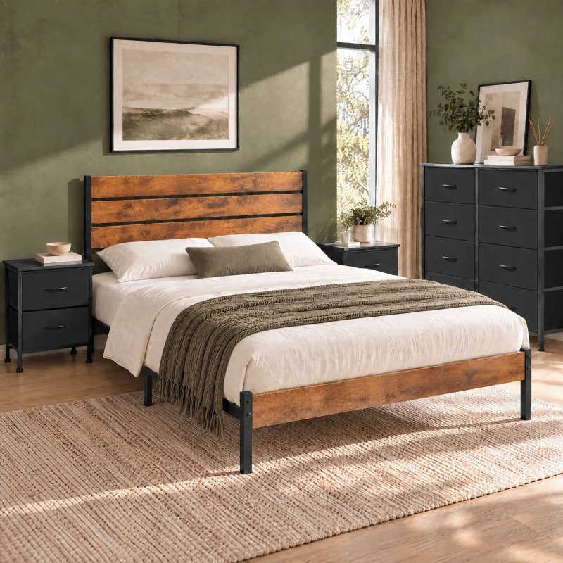 Ensemble de chambre à coucher industrielle 4 pièces, cadre de lit plateforme en bois avec 2 tables de chevet et commode à 8 tiroirs