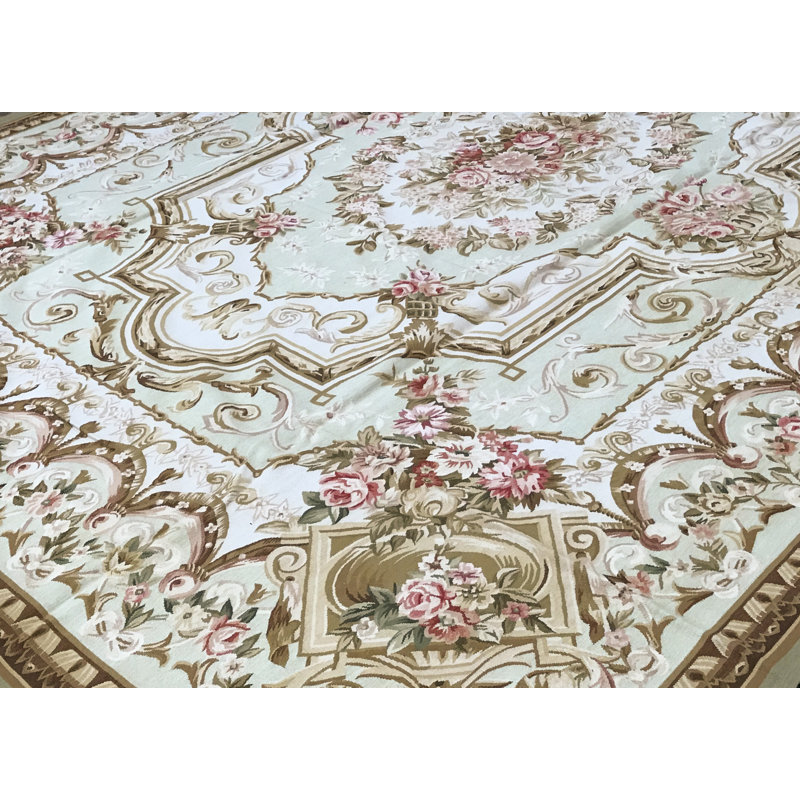 Tapis vert et ivoire noué à la main de haute qualité