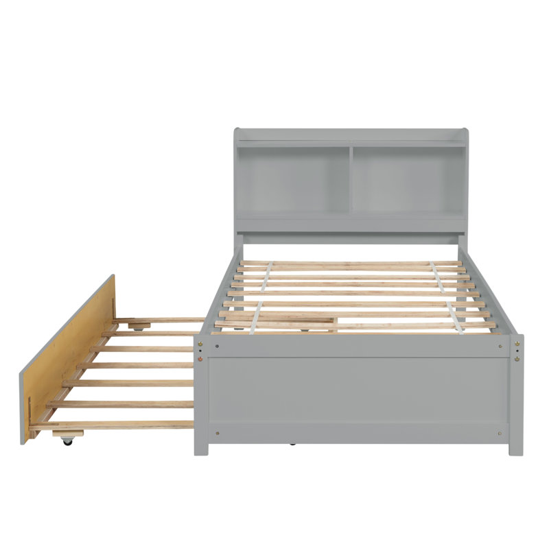 Lit en bois avec lit gigogne, bibliothèque, Lit simple, Gris
