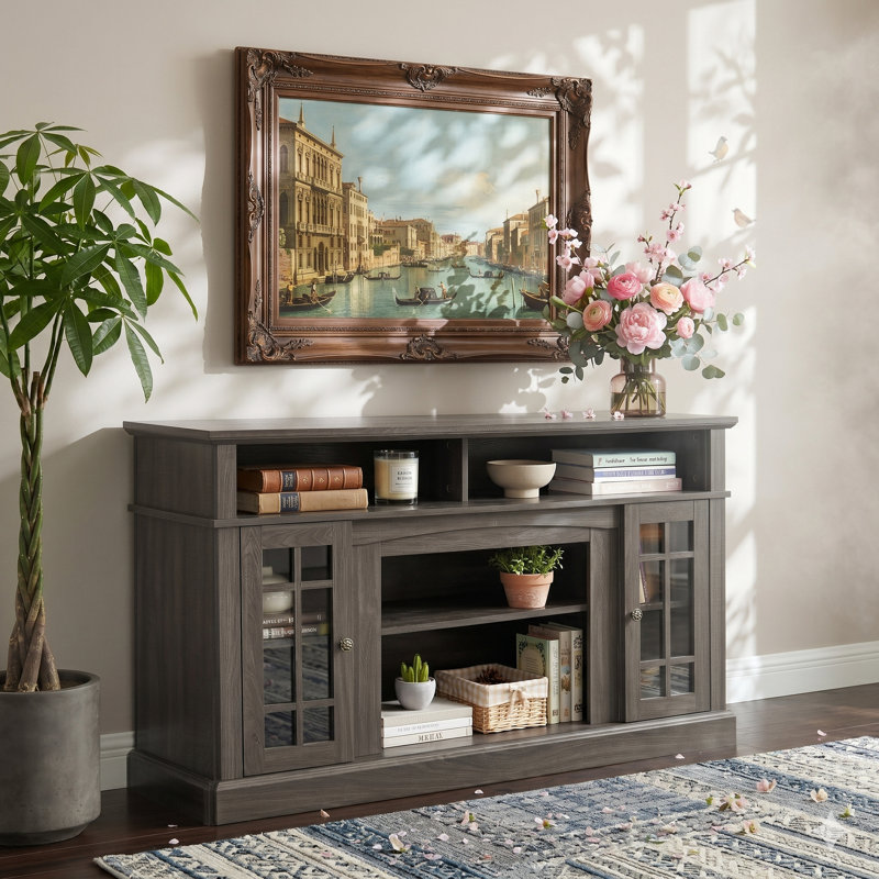 Meuble télé avec foyer électrique et télé pour téléviseur de 65 po ou moins avec rangement ouvert et télécommande pour le salon