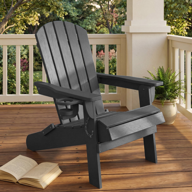 Ensemble de 4 chaises Adirondack noires en PEHD avec porte-gobelet et porte-téléphone (ensemble de 4), Black