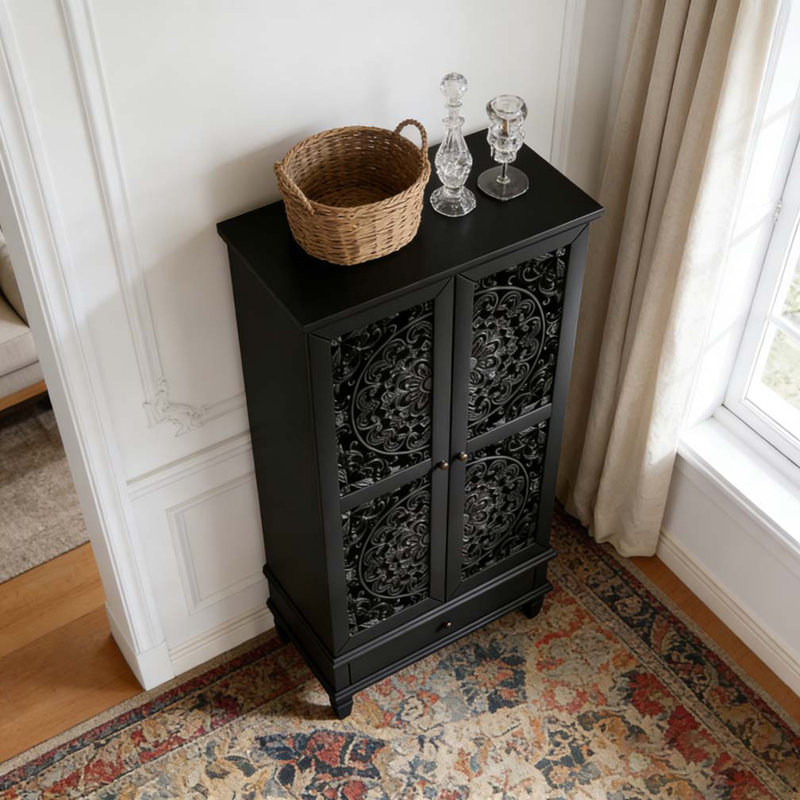 Armoire de rangement rustique avec pieds en bois massif sculpté, Black