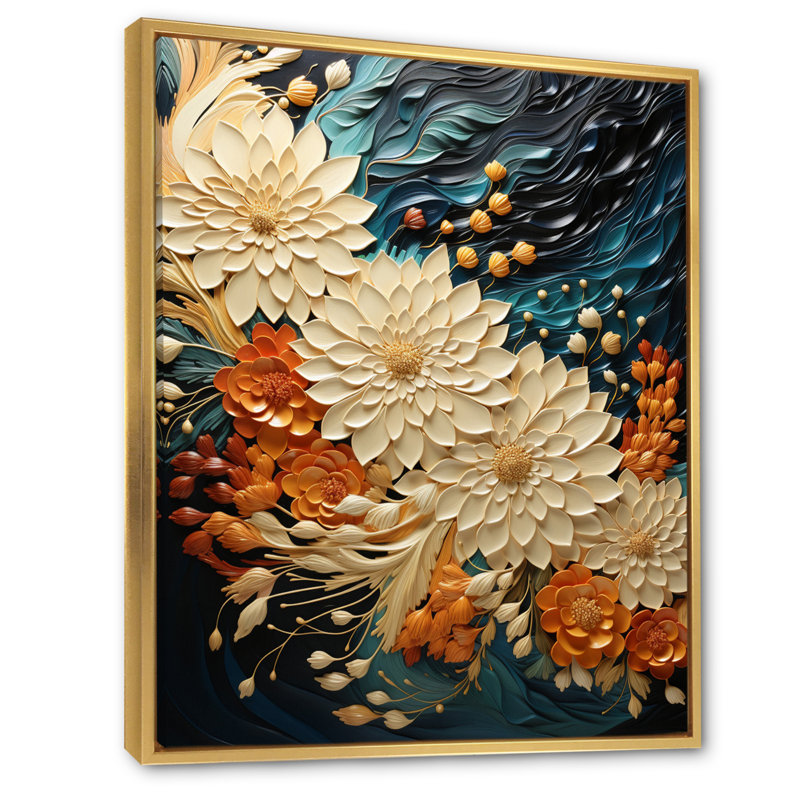 «Orange Teal Botanical Whirlwind III», reproduction sur toile, H 32 po x l 24 po x P 1 po, Cadre flottant doré