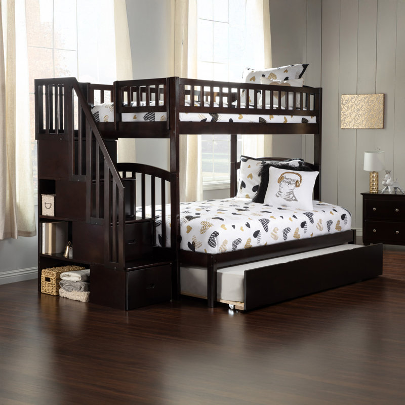 Jaxson Kids Solid Wood Staircase Bunk Bed with Roll Out Trundle, Espresso, Twin Over Full