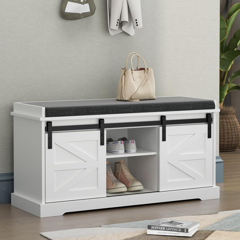 Shoe Storage Bench, 2-Tier Farmhouse Entryway Bench With Sliding Barn Door Storage Cabinets & Full Soft Removable Seat Cushion, Silm Shoe Rack With Shoe Cabinet For Entryway, Hallway, Bedroom