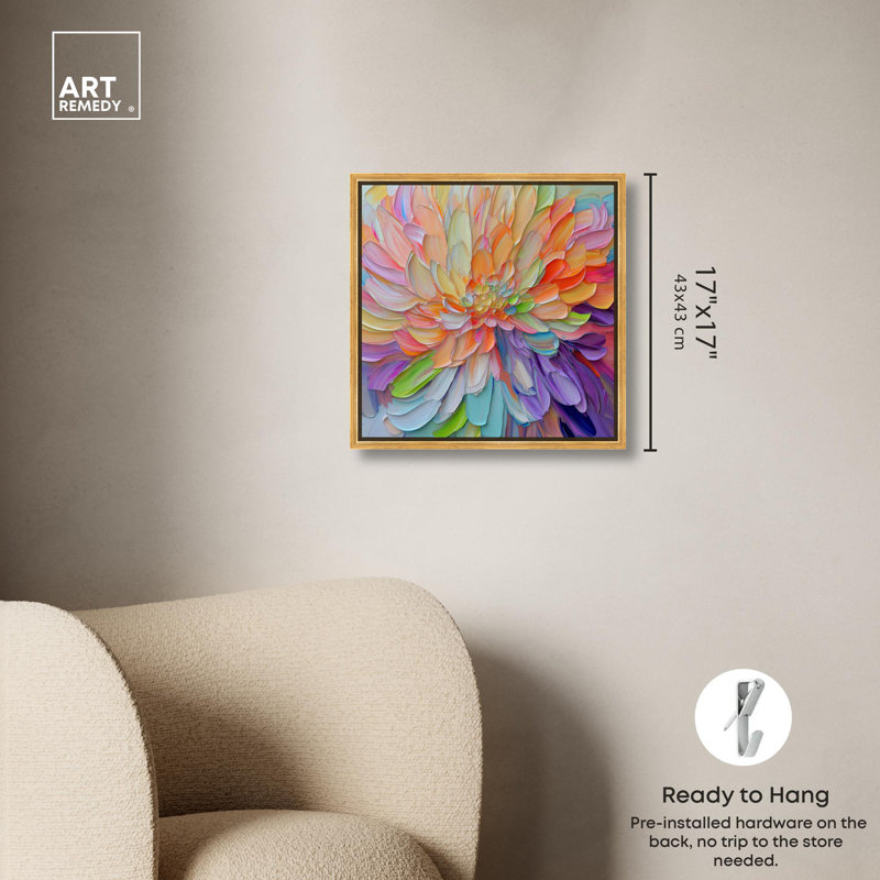 Art abstrait moderne sur toile de pétales prismatiques par Art Remedy, Cadre flottant doré, H 17 po x l 17 po x P 1,8 po