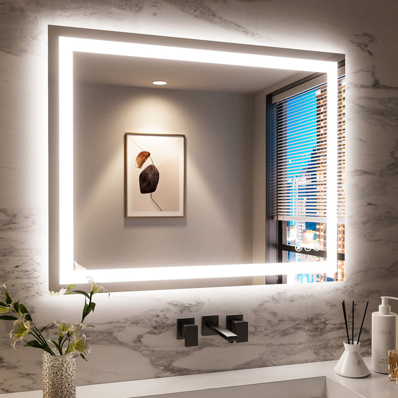 Miroir de salle de bain 48 x 32 pouces avec luminosité réglable, puissance intégrée et bouton de brouillard, argent cuivré pour une faible corrosion, conception incassable à intensité variable, interrupteur mural, Ul, 5 mm